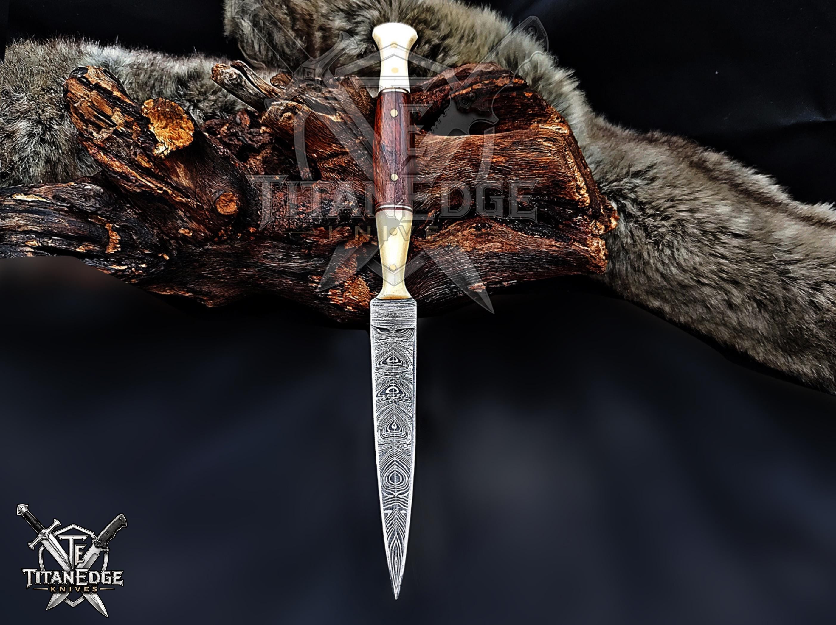 Personalized Handmade 8.75 Inch Damascus Steel Needle Point Boot Knife, Fixed Blade Boot Knife,  Wood & Bone Handle, Men's Gift With Sheath