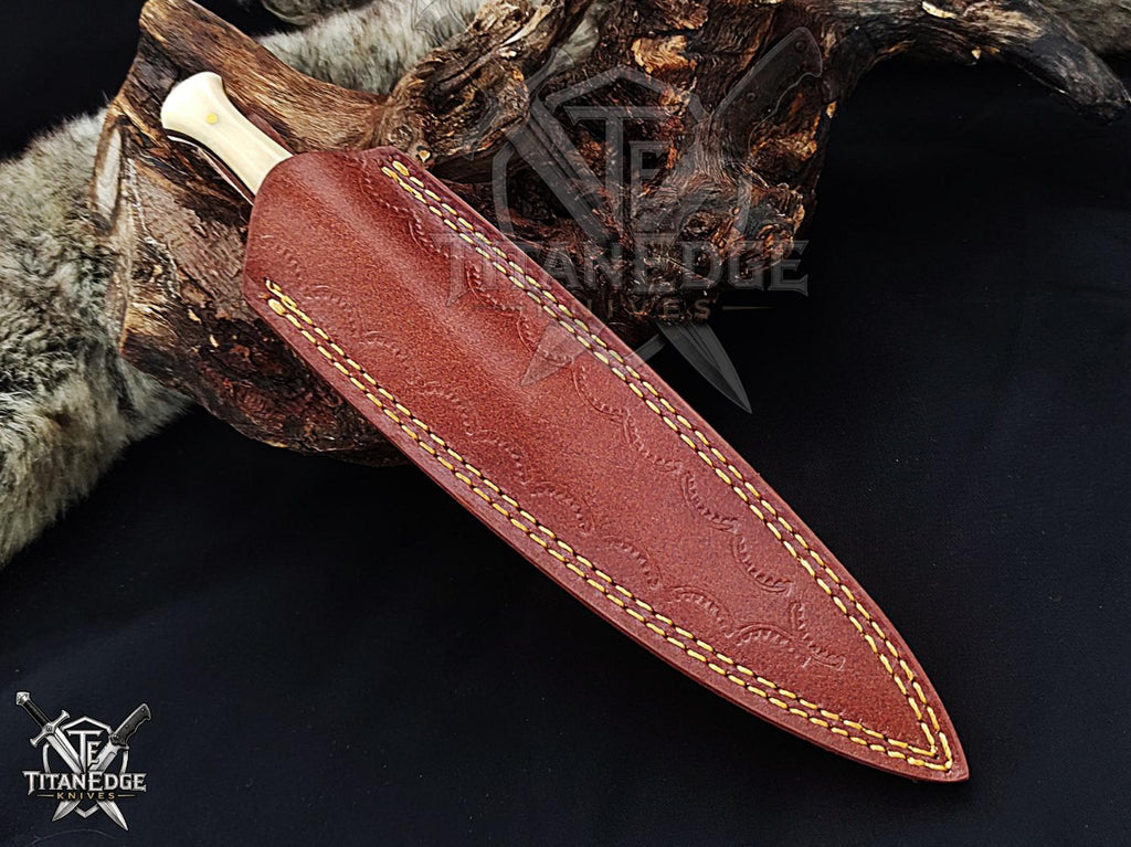 Personalized Handmade 8.75 Inch Damascus Steel Needle Dagger Boot Knife, Fixed Blade Boot Knife,  Wood&Bone Handle, Men's Gift With Sheath