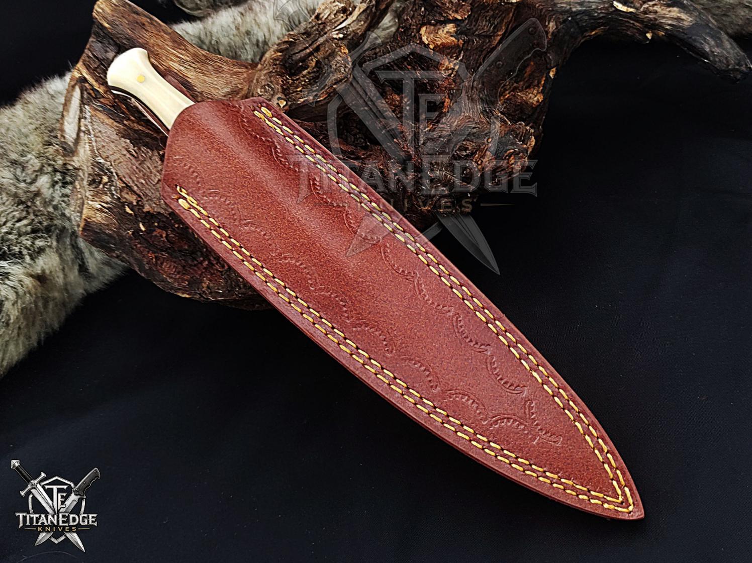 Personalized Handmade 8.75 Inch Damascus Steel Needle Dagger Boot Knife, Fixed Blade Boot Knife,  Wood&Bone Handle, Men's Gift With Sheath
