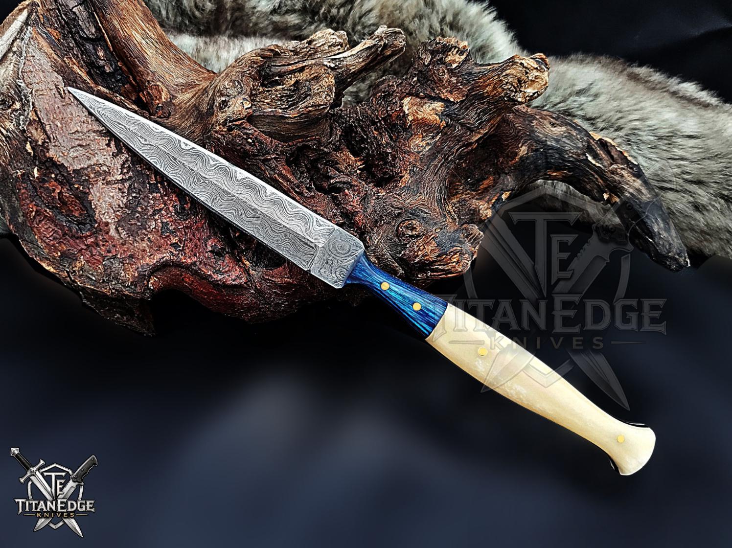Personalized Handmade 8.75 Inch Damascus Steel Needle Dagger Boot Knife, Fixed Blade Boot Knife,  Wood&Bone Handle, Men's Gift With Sheath