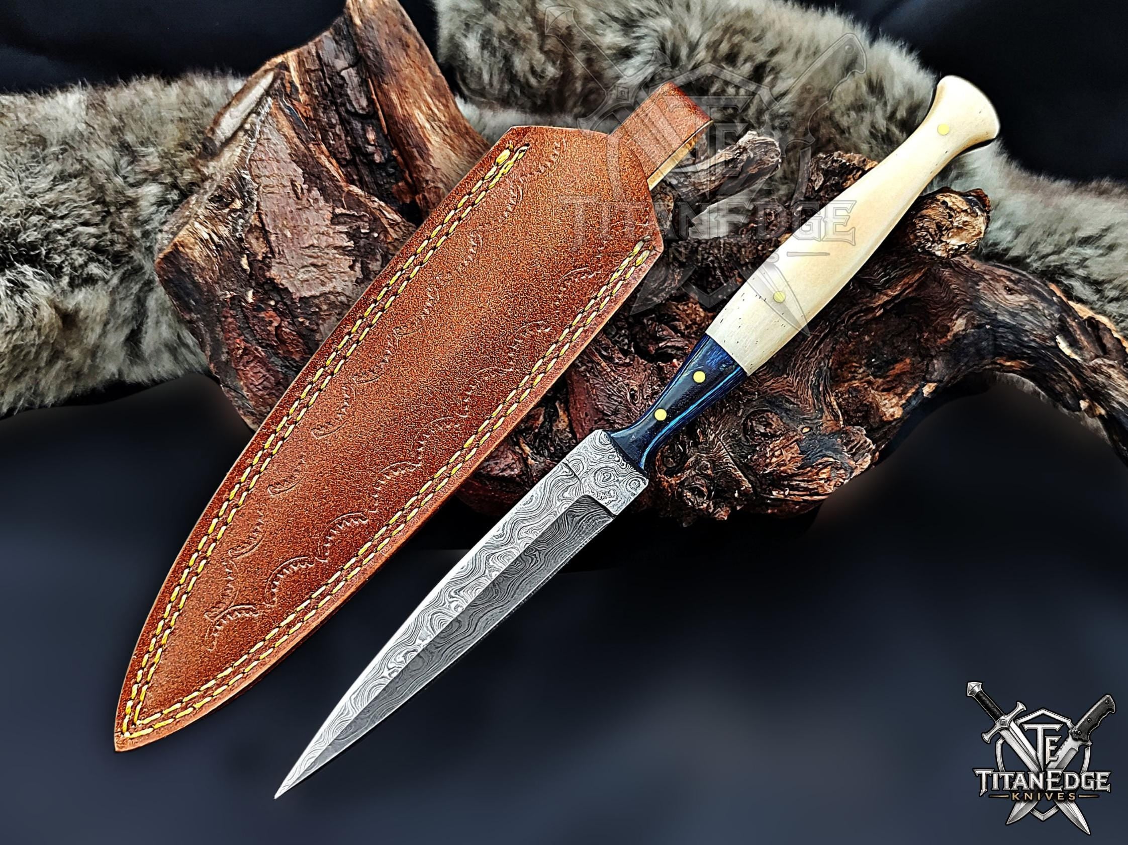 Personalized Handmade 8.75 Inch Damascus Steel Needle Dagger Boot Knife, Fixed Blade Boot Knife,  Wood&Bone Handle, Men's Gift With Sheath