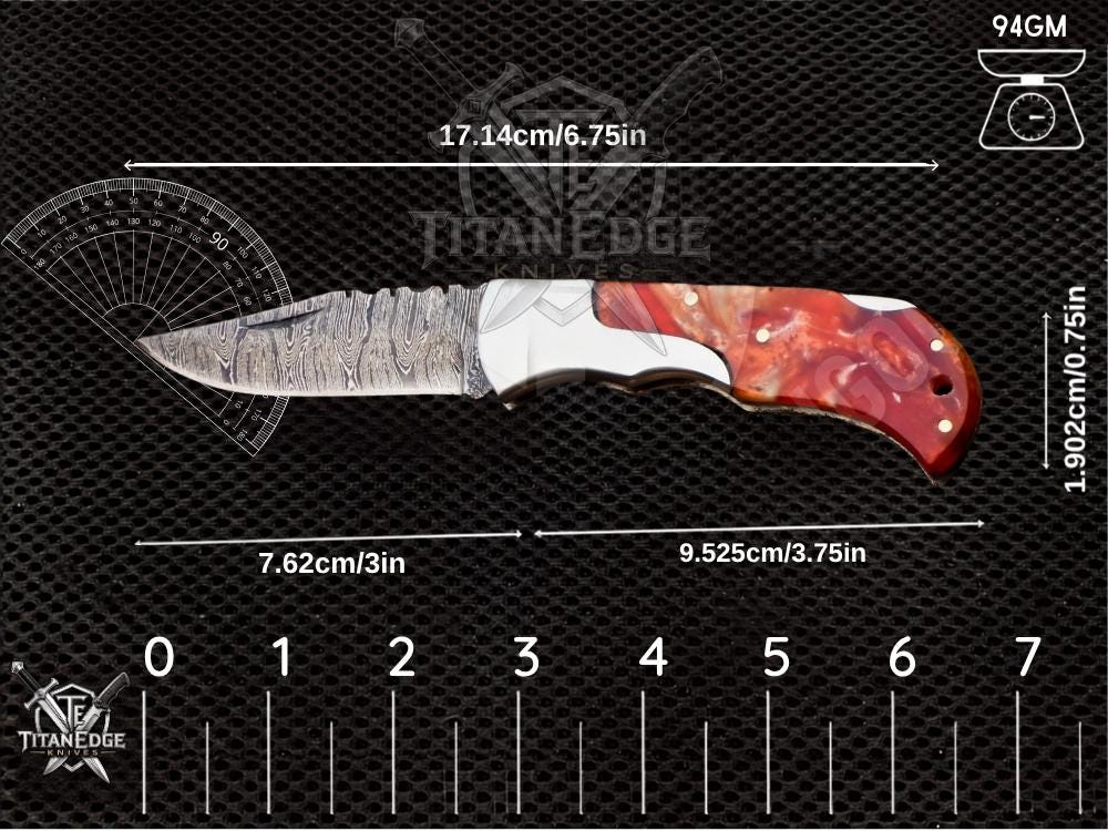 Personalized Handmade Damascus Steel Pocket Knife, Folding EDC Hunting Knife, Resin Handle, Groomsmen Gift With Leather Sheath