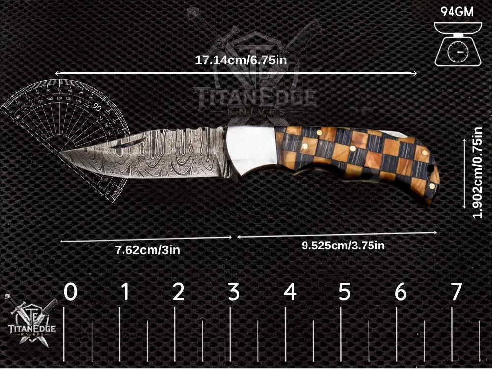 Personalized Handmade 6.75"Damascus Steel Pocket Knife, Folding EDC Hunting Knife, Wood Handle, Groomsmen Gift With Leather Sheath