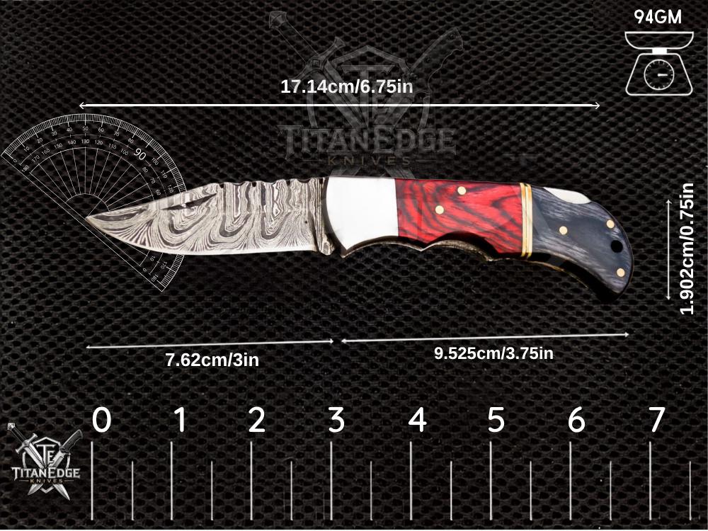 Personalized Handmade 6.75"Damascus Steel Pocket Knife, Folding EDC Hunting Knife, Wood Handle, Groomsmen Gift With Leather Sheath