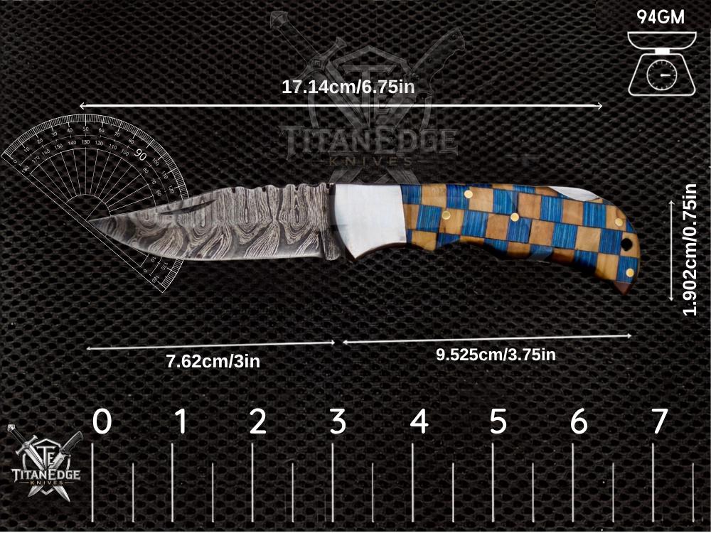 Personalized Handmade 6.75"Damascus Steel Pocket Knife, Folding EDC Hunting Knife, Wood Handle, Groomsmen Gift With Leather Sheath