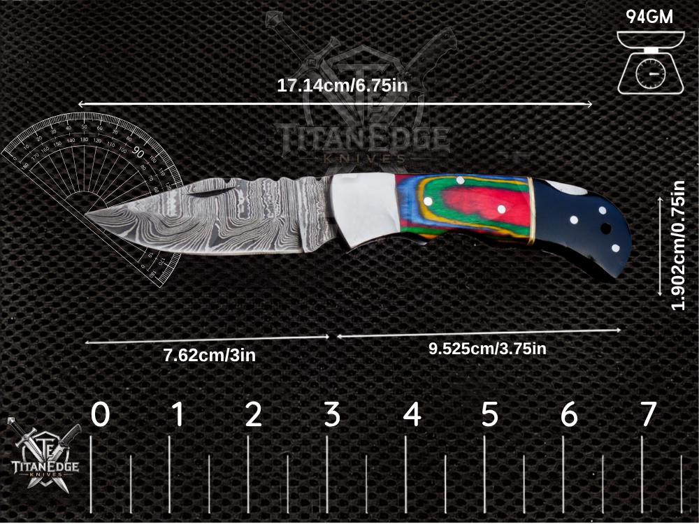 Personalized Handmade 6.75"Damascus Steel Pocket Knife, Folding EDC Hunting Knife, Wood Handle, Groomsmen Gift With Leather Sheath