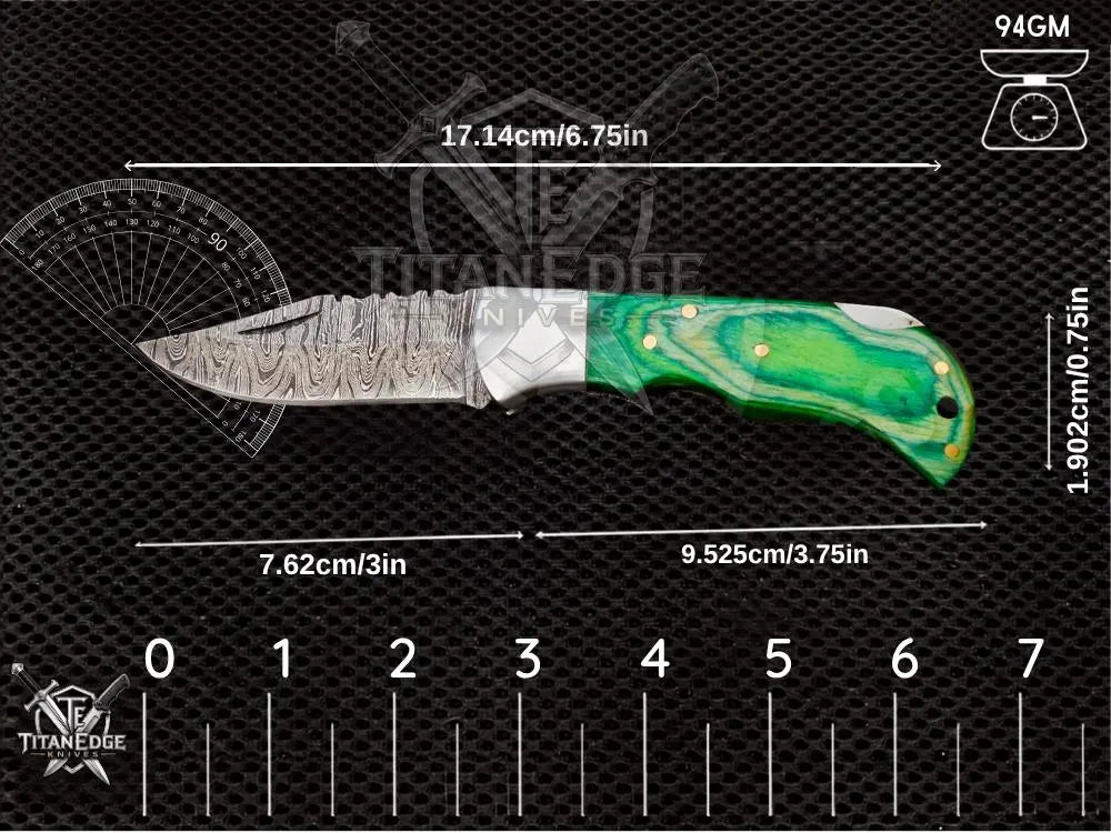 Personalized Handmade 6.75"Damascus Steel Pocket Knife, Folding EDC Hunting Knife, Wood Handle, Groomsmen Gift With Leather Sheath