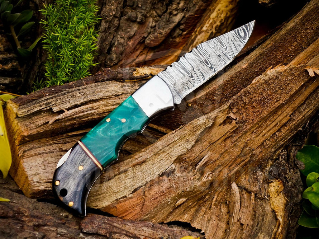 Personalized Handmade Damascus Steel Pocket Knife, Folding EDC Hunting Knife, Wood & Resin Handle, Groomsmen Gift With Leather Sheath