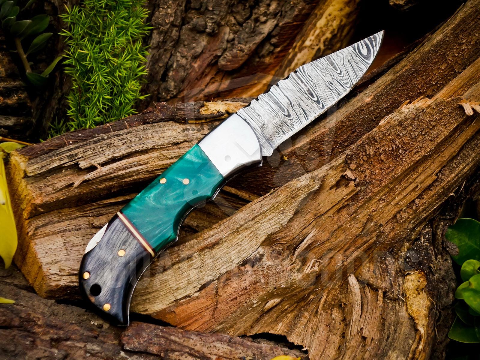 Personalized Handmade Damascus Steel Pocket Knife, Folding EDC Hunting Knife, Wood & Resin Handle, Groomsmen Gift With Leather Sheath