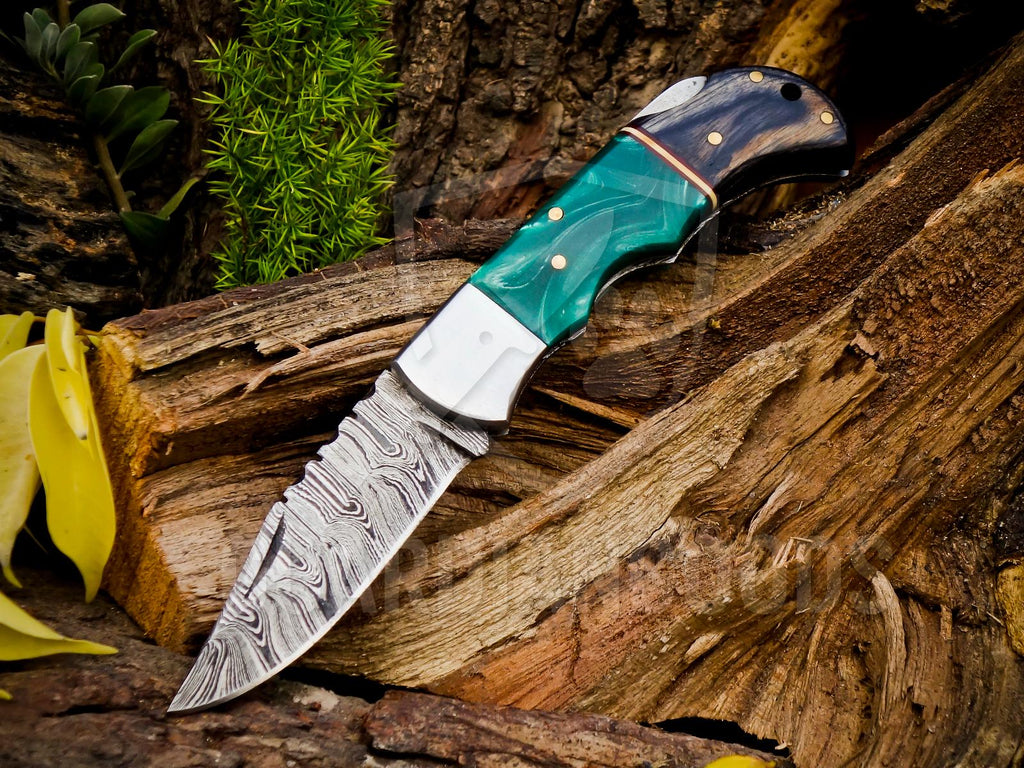 Personalized Handmade Damascus Steel Pocket Knife, Folding EDC Hunting Knife, Wood & Resin Handle, Groomsmen Gift With Leather Sheath