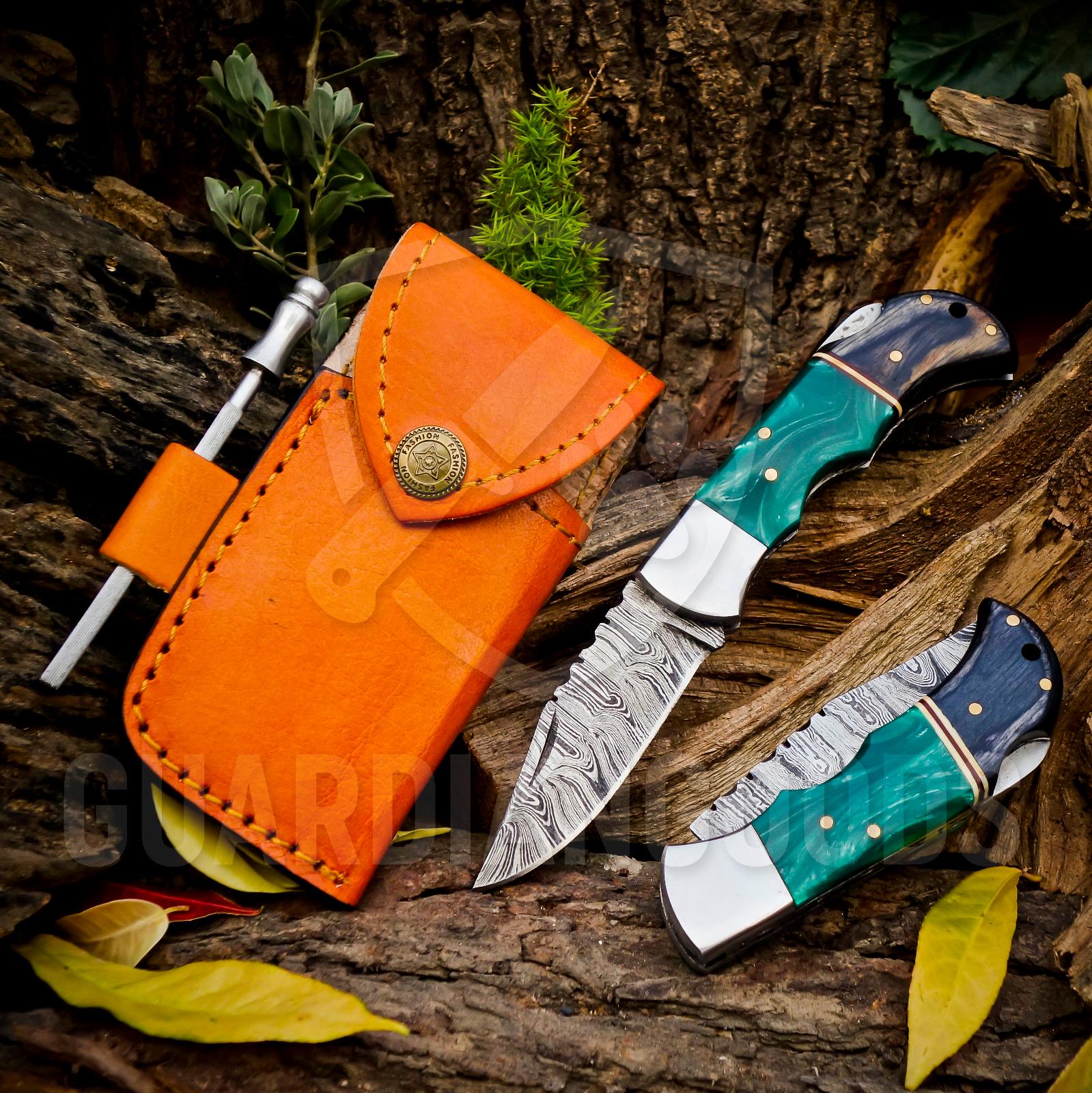 Personalized Handmade Damascus Steel Pocket Knife, Folding EDC Hunting Knife, Wood & Resin Handle, Groomsmen Gift With Leather Sheath