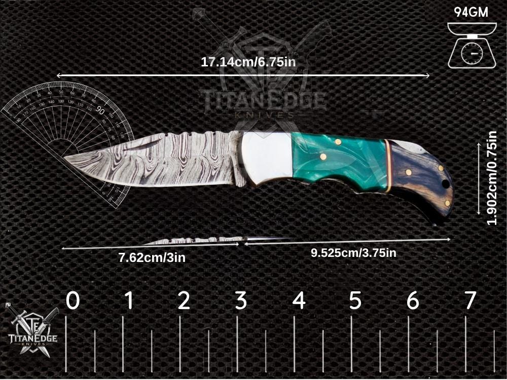Personalized Handmade Damascus Steel Pocket Knife, Folding EDC Hunting Knife, Wood & Resin Handle, Groomsmen Gift With Leather Sheath